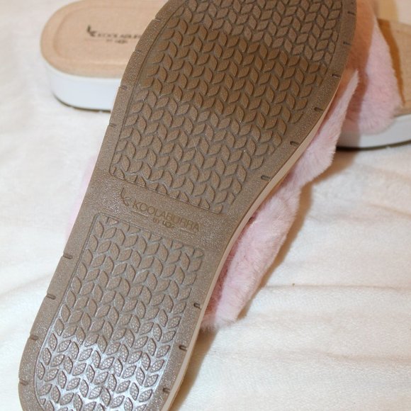 NIB UGG KOOLABURRA WOMEN'S FUR WEDGE SLIDES SLIPPERS SANDALS PINK WHITE - Picture 6 of 6